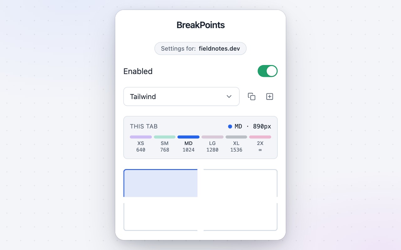 Popup showing the Bootstrap rule set as a colored breakpoint scale with the active tier highlighted